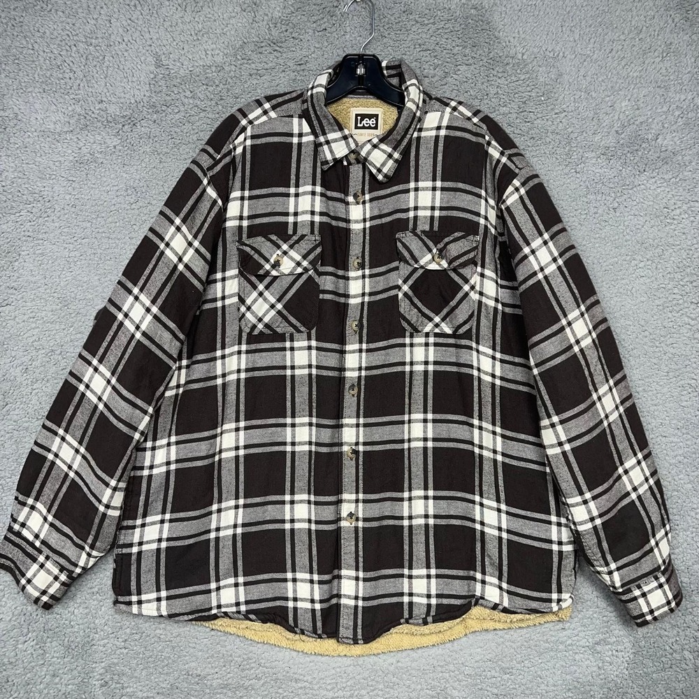 Lee Shirt Men's Sz XL Brown Plaid Flannel Sherpa-Lined Button Up Shacket Pockets